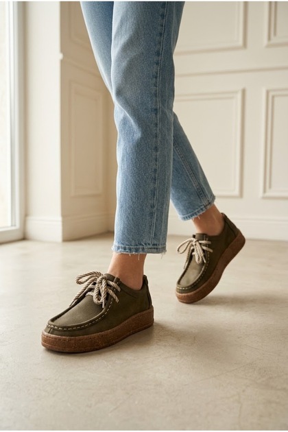 Kadın Hakiki Deri Bağcıklı Mokasen Yeşil Ayakkabı - Kalın Tabanlı Rahat Günlük Casual Loafer