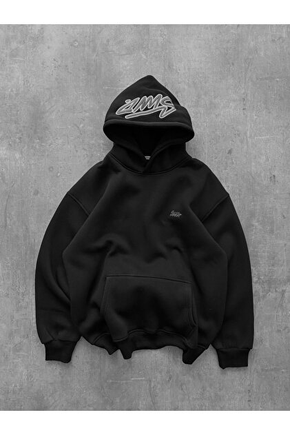 Black Oversize Hooded Sweatshirt Cotton Printed Unisex