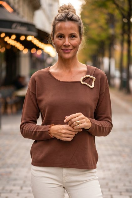 Brown Pool Collar Long Sleeve Casual Knit Sweater with Collar Buckle 60 58