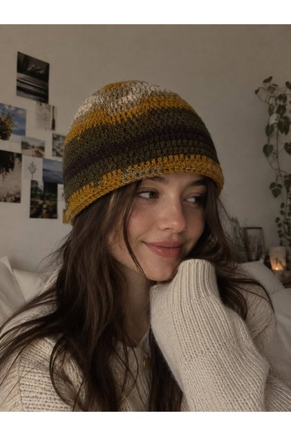 Unisex El Örgüsü Renkli Çizgili Bere Hardal Haki Bej Tığ İşi Beanie Şapka
