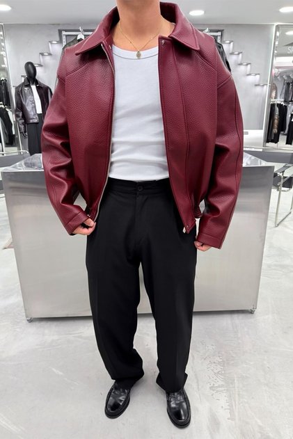 Bordo Desenli Premium Deri Ceket
