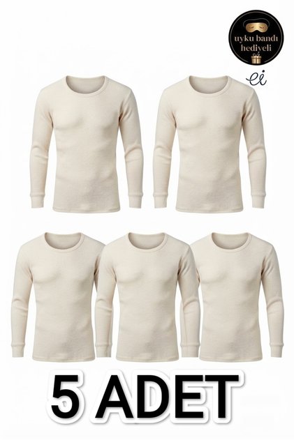 Pack of 5 Cream Color Cotton 1. Quality Interlock Fabric Men's Long Sleeve Undershirt + Custom Made Sleep Band as a Gift