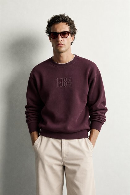 Men's Crew Neck Oversize Sweatshirt with Embossed Embroidery Detail on Front and Back