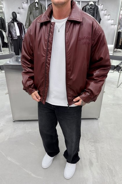 Burgundy the Fire Embroidered Bomber Leather Jacket