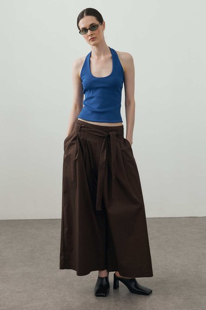 Wide Pleated Trouser Skirt Brown