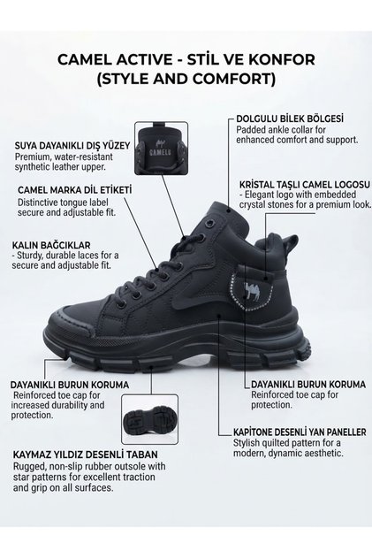 FADELİM SİYAH KAUÇUK KALIN TABANLI BAĞCIKLI SPOR BOT 1 NUMARA BÜYÜK ALINIZ