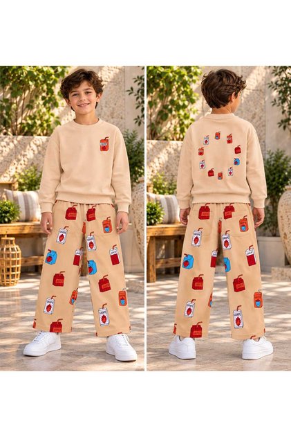 Boy's Beige Juice Print Sweatshirt and Patterned Wide-Leg Pants 2-Piece Set