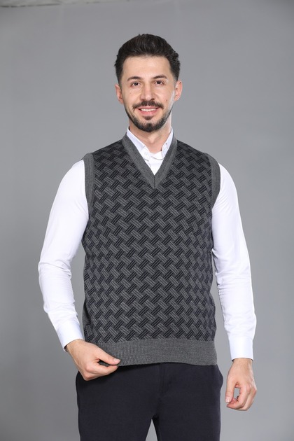 Gray Men's Dad and Middle-Aged Patterned Acrylic Thick Textured V-Neck Knitwear Sweater
