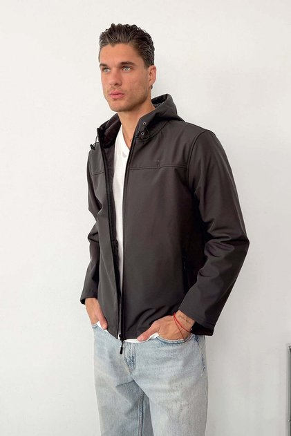 Men's Hooded Zippered Softshell Coat Anthracite -Â 27K 6044-1