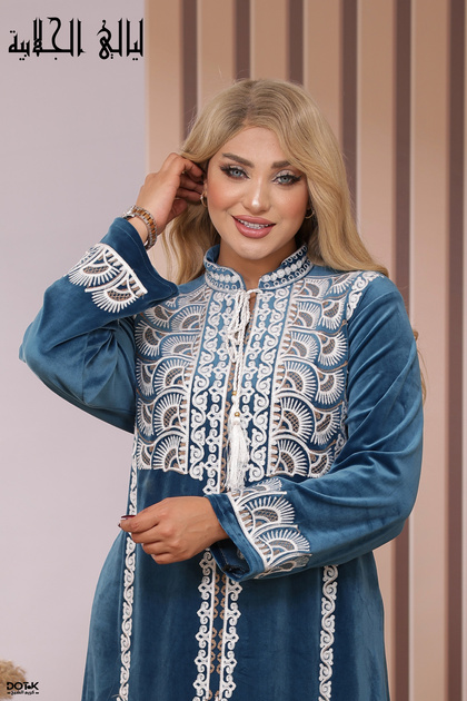 Women's Royal Velvet Embroidered High Collar Robe for Festivals and Holidays