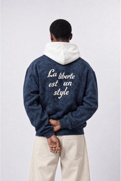 Men's Liberte Text Detailed Washable Oversize Zip Navy Blue