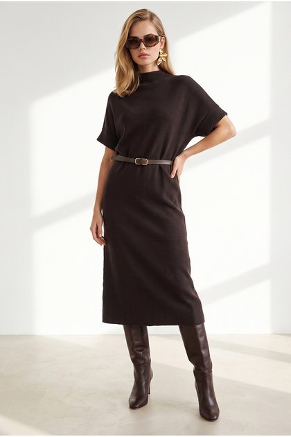 Women's Brown Bat Belted Maxi Knitwear Dress Elb-19002690