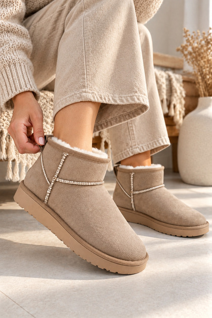 Fuzzy Inside Flat Sole Women's Shoes Mini Tan Suede Ankle Boots