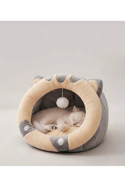 Warm Plush Cave-Shaped Pet House with Ears and Hanging Toy