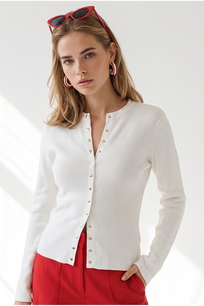 Women's Ecru Crew Neck Buttoned Soft Textured Knitwear Blouse Blz-19003217