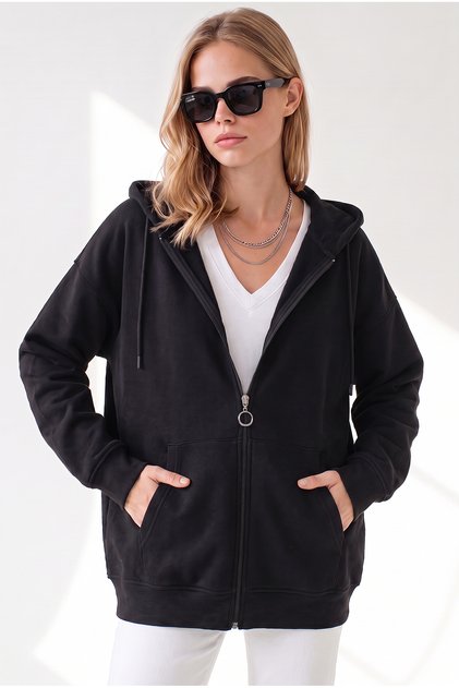Women's Black Hooded Oversize Basic Sweatshirt with Kangaroo Pocket Swt-19000801