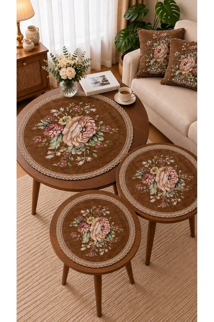 Vintage Bouquet Chenille 5-Piece Living Room Set (3 Pieces Fiskos Covers 1X (50X Round) - 1X (40X Round) - 1X (30X Round)) - (2 Pieces 45X45 Pillowcases)