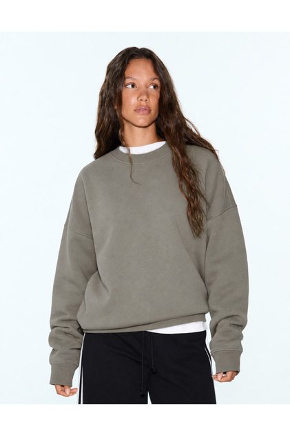 Women's Oversize Basic Crew Neck Sweatshirt Khaki – 3 Thread Raster Fleece