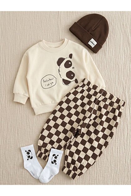 Peeka Boo Damalı Sevimli Panda Baskılı 4'lü Takım