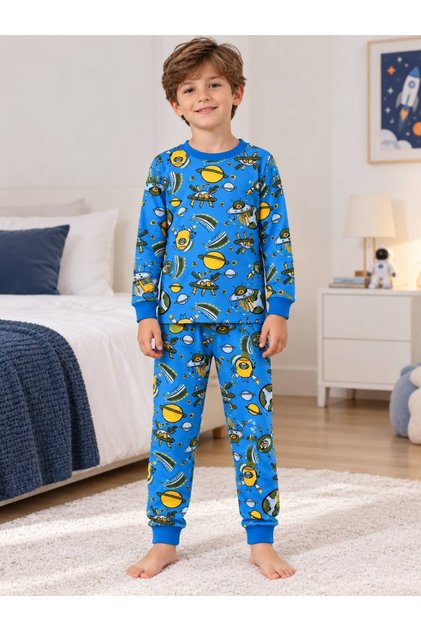 Boy's 100% Cotton Blue Color Space Planet Patterns Long Sleeve Interlock Winter Pajama Set