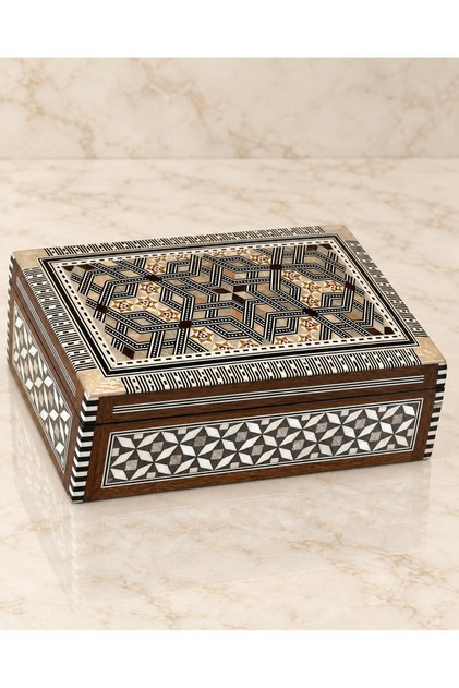 Geometrik Mozaik Desenli Dikdörtgen Ahşap Sandık Kutu