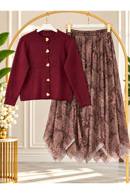 Women's Hijab Gold Button Detailed Asymmetrical Chiffon Skirted Knitwear Set Burgundy
