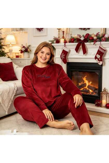 Plus Size Velvet Burgundy Color Women's Pajama Set Crew Neck Long Sleeve Soft Comfortable Stylish (3Xl-4Xl-5Xl Sizes)