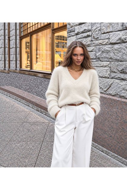 Women's V-Neck Long Sleeve Soft Textured Acrylic Knit Sweater