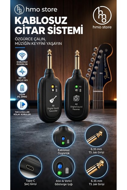 Premium Kablosuz Gitar Sistemi: Uzun Pil Ömrü, Type-C Şarj, Tak & Kullan Kolay Kurulum ve 6.35mm Jak Girişi ile Kesintisiz Ses Deneyimi!