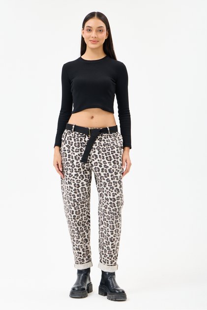 Women's Beige Italian Large Size Leopard Patterned Lycra Carrot Pants 40 - 50 Size
