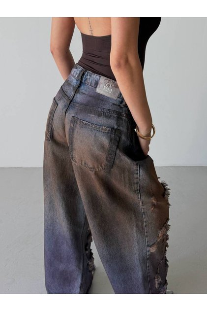 Trend Special Design Wide Leg Ripped Detail Palazzo Jean Denim Pants-Custom Design Wide Leg Jean Ripped Detail Pant