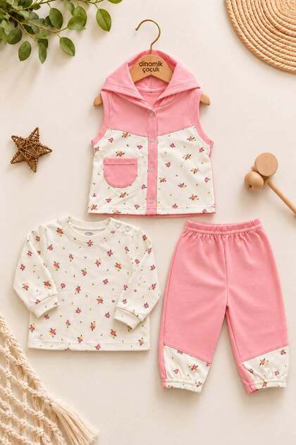 Baby girl floral print hooded vest long sleeve t-shirt bottom sweatpants 3-piece set 3-6 months
