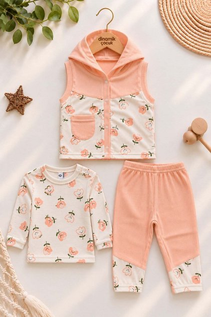 Baby girl floral print hooded vest long sleeve t-shirt and sweatpants 3-piece set 3-6 months