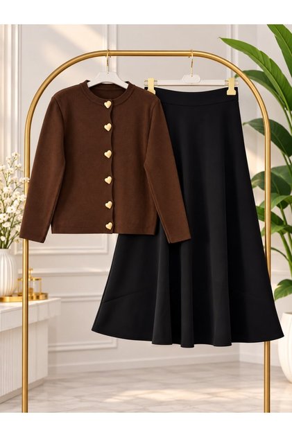 Women's Hijab Gold Button Detailed Black Skirted Knitwear Set Brown