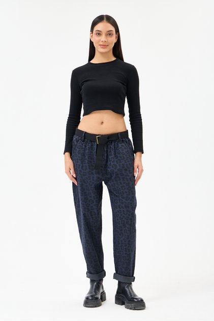 Women's Navy Blue Italian Plus Size Leopard Patterned Lycra Carrot Pants 40 - 50 Size