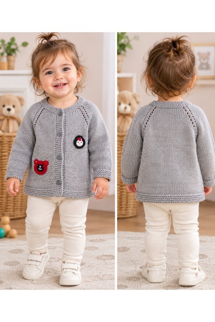 Hand-Knitted Gray Color Thick Yarn Cardigan with Bear and Penguin Motifs for 1.5-2 Year Old Children