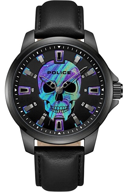 Black Dial Black Leather Strap Analog Watch for Men, 44mm