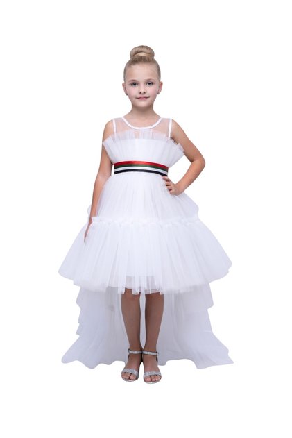 Girls 2-in-1 White Hi-Low Tulle Ballgown with Removable UAE Flag Belt