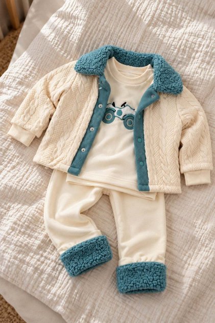 Baby Boy Plush Collared Jacket with Car Embroidery, Top and Bottom 3-Piece Set 3-6-9-12 Months