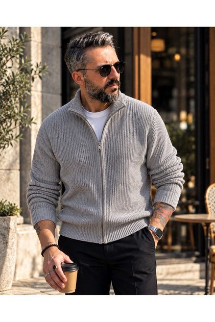 Men's Siena Oversize Stand Collar Zippered Knitwear Cardigan