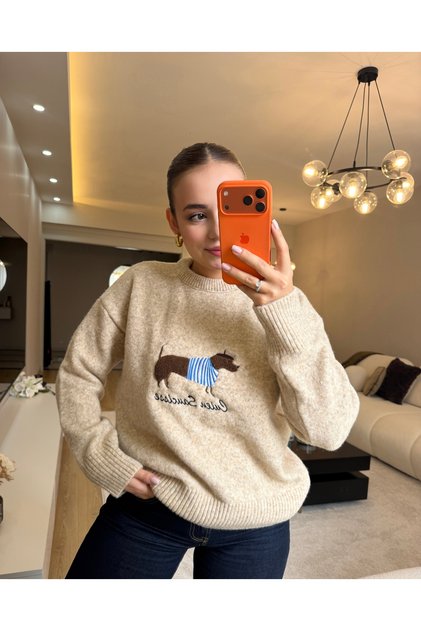 Kadın Krem Köpek Figürlü Nakışlı Bisiklet Yaka Uzun Kollu Salaş Kalıp Oversize Triko Kazak