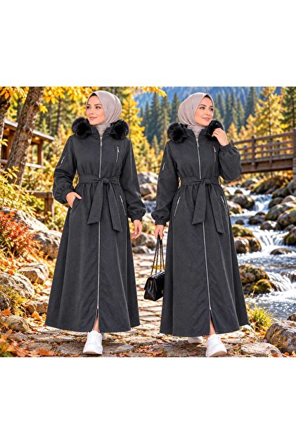 Women's Long Fur Detail Hooded Zippered Plus Size Tunic Coat