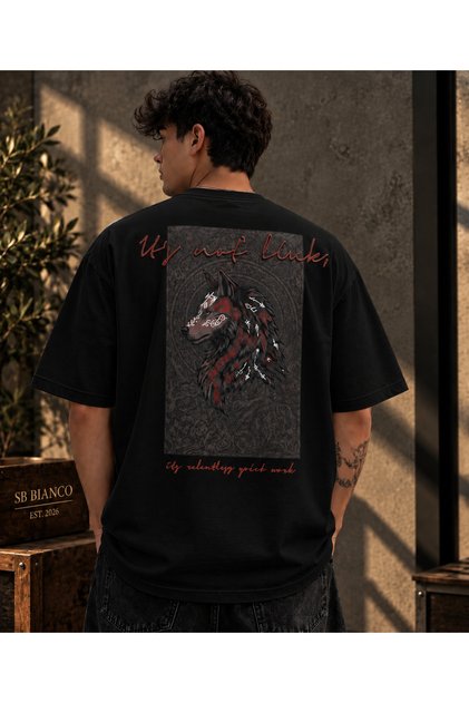 Wolf Heritage Bozkurt Turkish Warrior Runic Symbol and Companion Back Print Oversize Unisex Premium Vintage Graphic T-Shirt