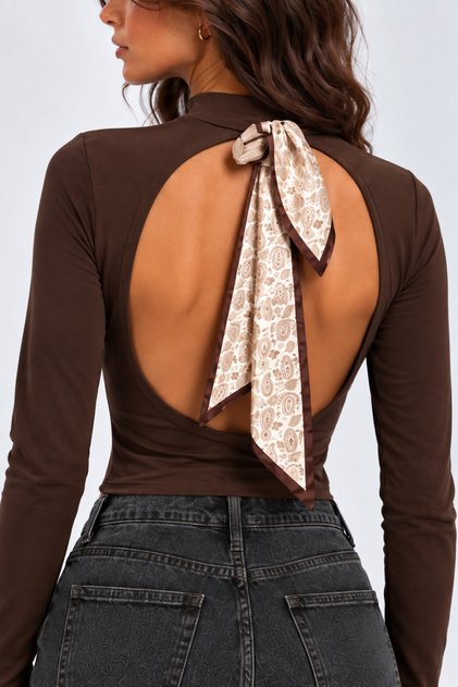 Coffee-Colored High-Necked, Low-Cut Backless Long-Sleeved Badi