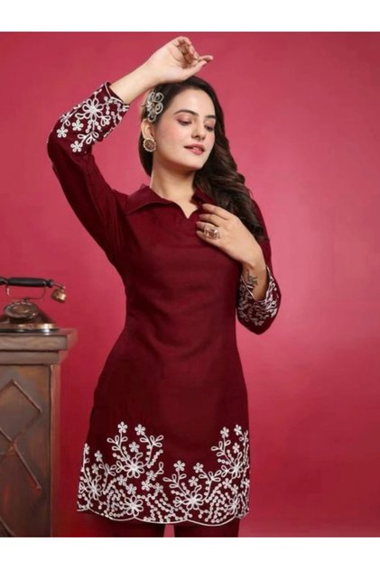 Maroon Slub Cotton Floral Embroidered Kurti Pant Set - LRN10093 | Maroon-Size:3XL-46-Inches