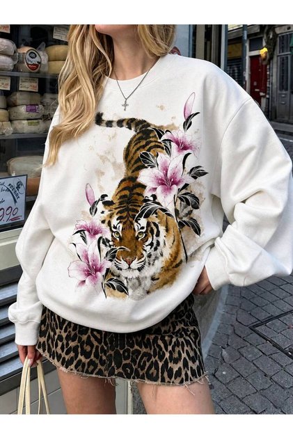 Women's White Watercolor Tiger Lily Floral Crew Neck Sweatshirt