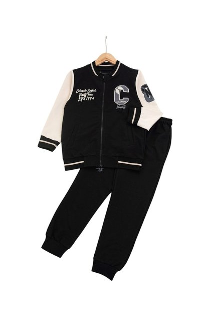 Boy's Seasonal College Jacket with C Embroidery, 6-7-8-9-10 Years Old, Cotton Compact 2-Piece Tracksuit Set