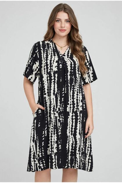 Women's Patterned Summer V-Neck Midi Length Short Sleeve Dress 12C-2433