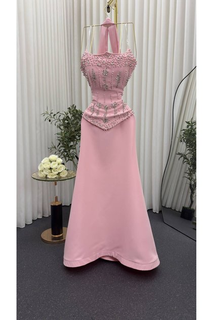 Luxury Embroidery Crystal Beading Pink Evening Dress