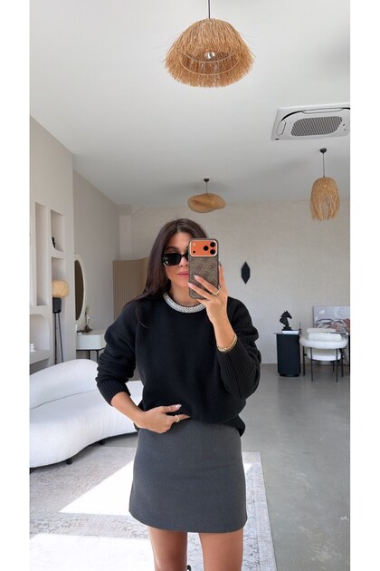 Black Soft Sweater with Stones on the Collar